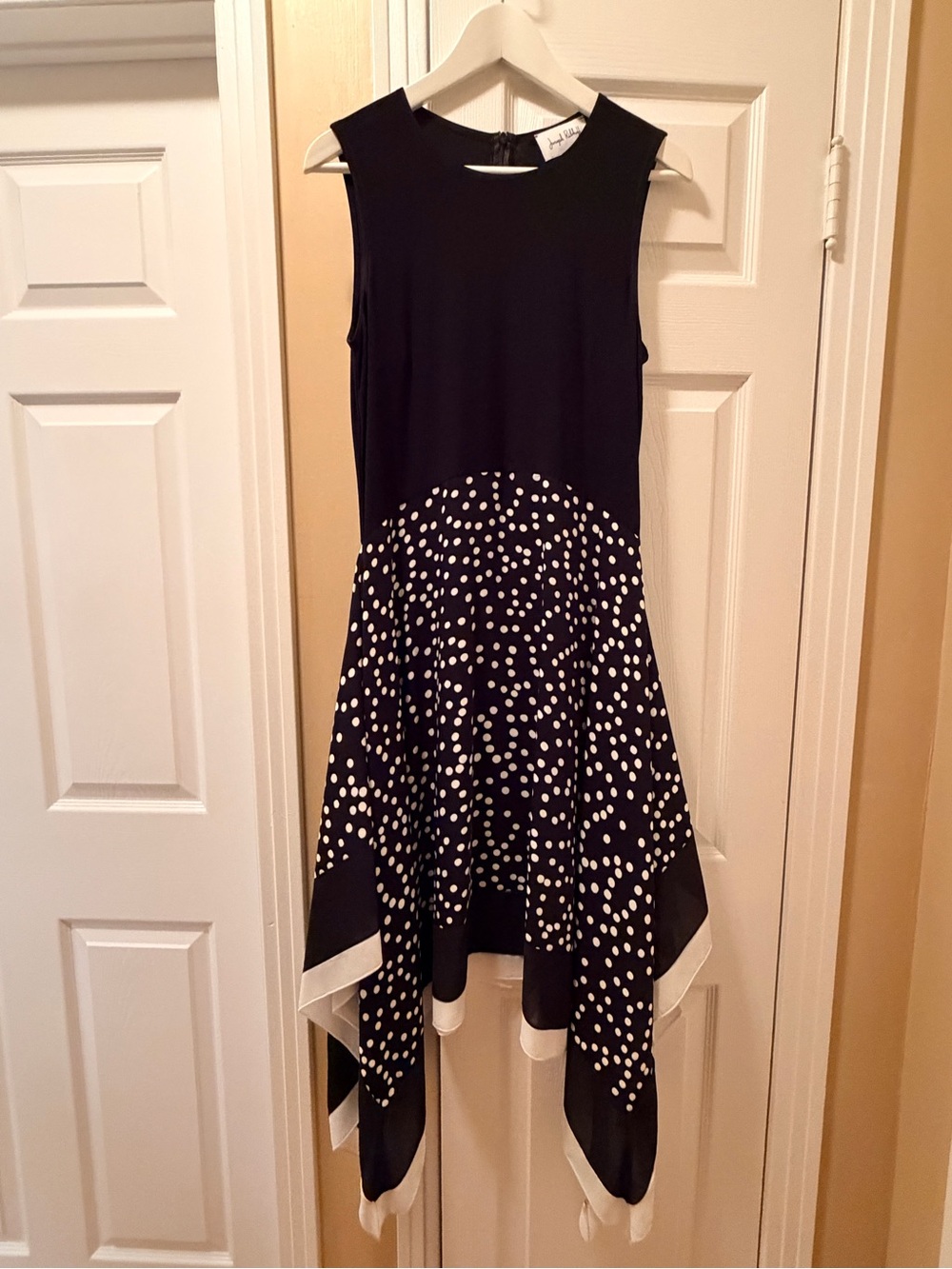 Joseph Ribkoff Black and White Polka Dot Handkerchief Hem Dress